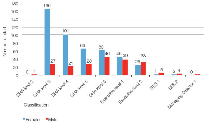 Figure five shows the number of staff by classification and gender as at 30 June 2014. There was one male DHA level two staff member; 166 female and 27 male DHA level three staff members; 101 female and 21 male DHA level four staff members; 66 female and 28 male DHA level five staff members; 63 female and 46 male DHA level six staff members; 46 female and 39 male Executive level one staff members; 25 female and 33 male Executive level two staff members; one female and five male Senior executive service one staff members; two female and four male Senior executive service two staff members; and one male Managing Director.