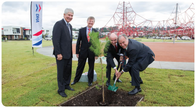 Image of DHA Chairman, the Honourable Sandy Macdonald with DHA Managing Director, Peter Howman, the former Assistant Minister for Defence, the Honourable Stuart Robert MP and Member for Bennelong, Mr John Alexander OAM MP, planting a Gallipoli Pine at our AE2 development in Ermington, Sydney.