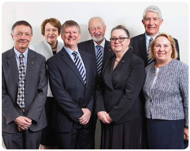 Image of DHA's Board of Directors. Back left to right: Janice Williams, the Honourable Alan Ferguson, the Honourable Sandy Macdonald. Front left to right: Martin Ferguson, Peter Howman, Commodore Vicki McConachie, Carol Holley.