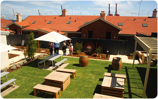 The common recreation area at our refurbished heritage-listed Gunners' Cottages development in Fremantle, WA.