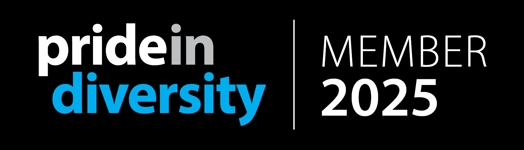 Pride in diversity member 2025 black background with white teal and grey text