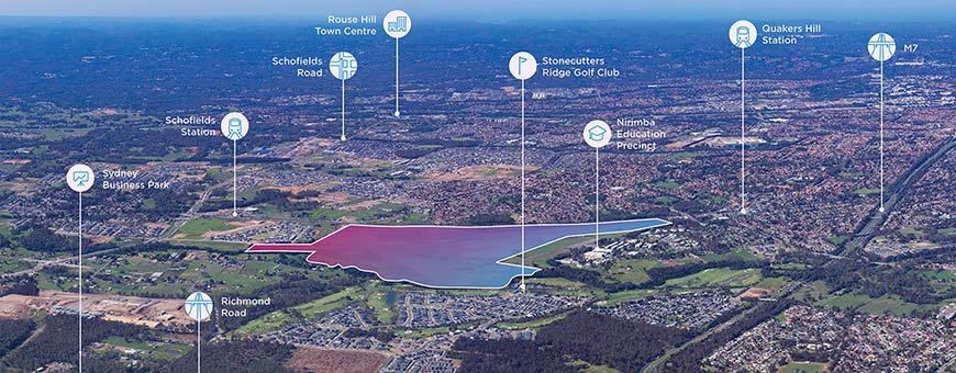 An aerial map of a highlighted development site in Sydney's north-west, showing nearby landmarks including Rouse Hill Town Centre, Schofields Station, Quakers Hill Station and the M7 motorway.