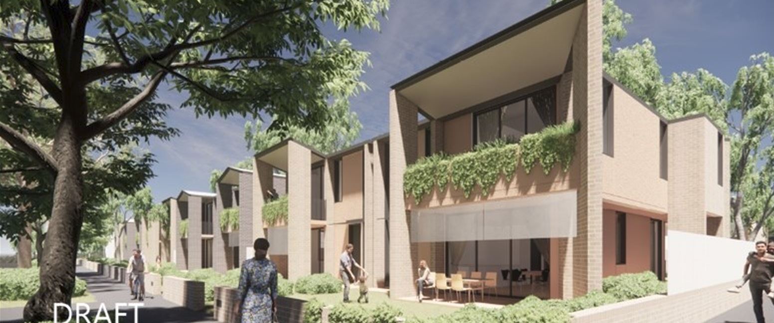 An architectural draft rendering of a modern multi-storey residential development with brick facades, green balconies and tree-lined streetscape.