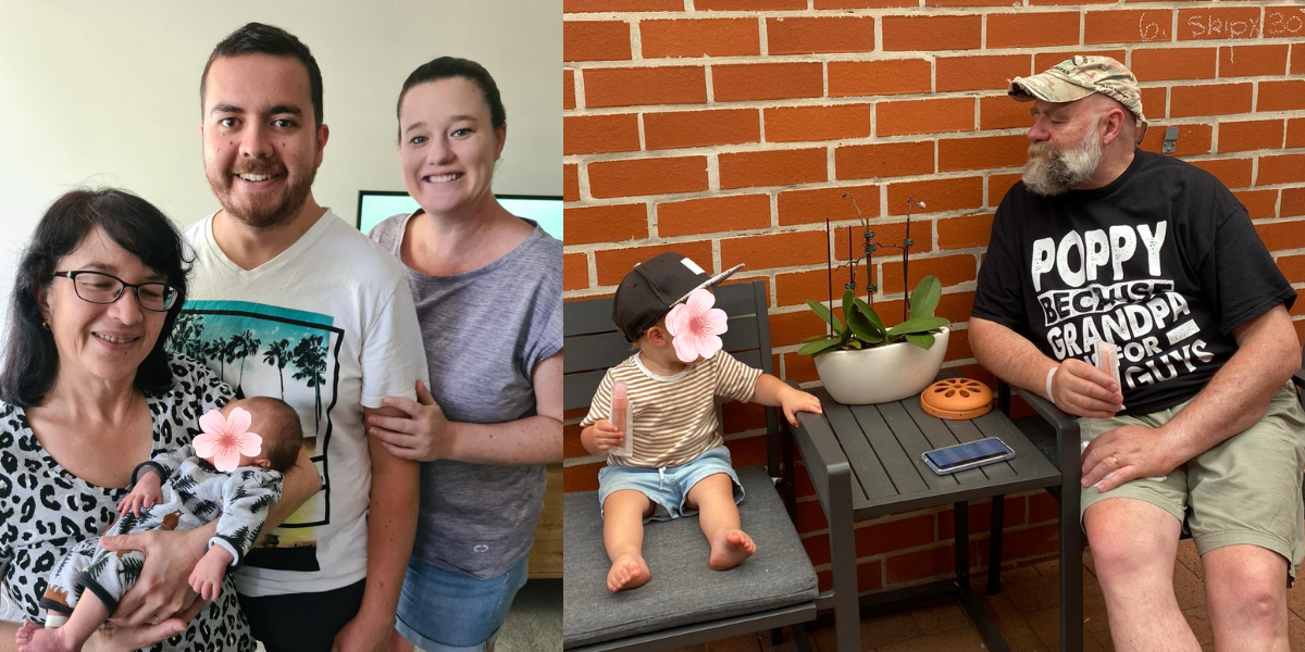Left: Simon's family holding a newborn baby. Right: Simon and his toddler aged grandson rating ice cream on chairs outside.