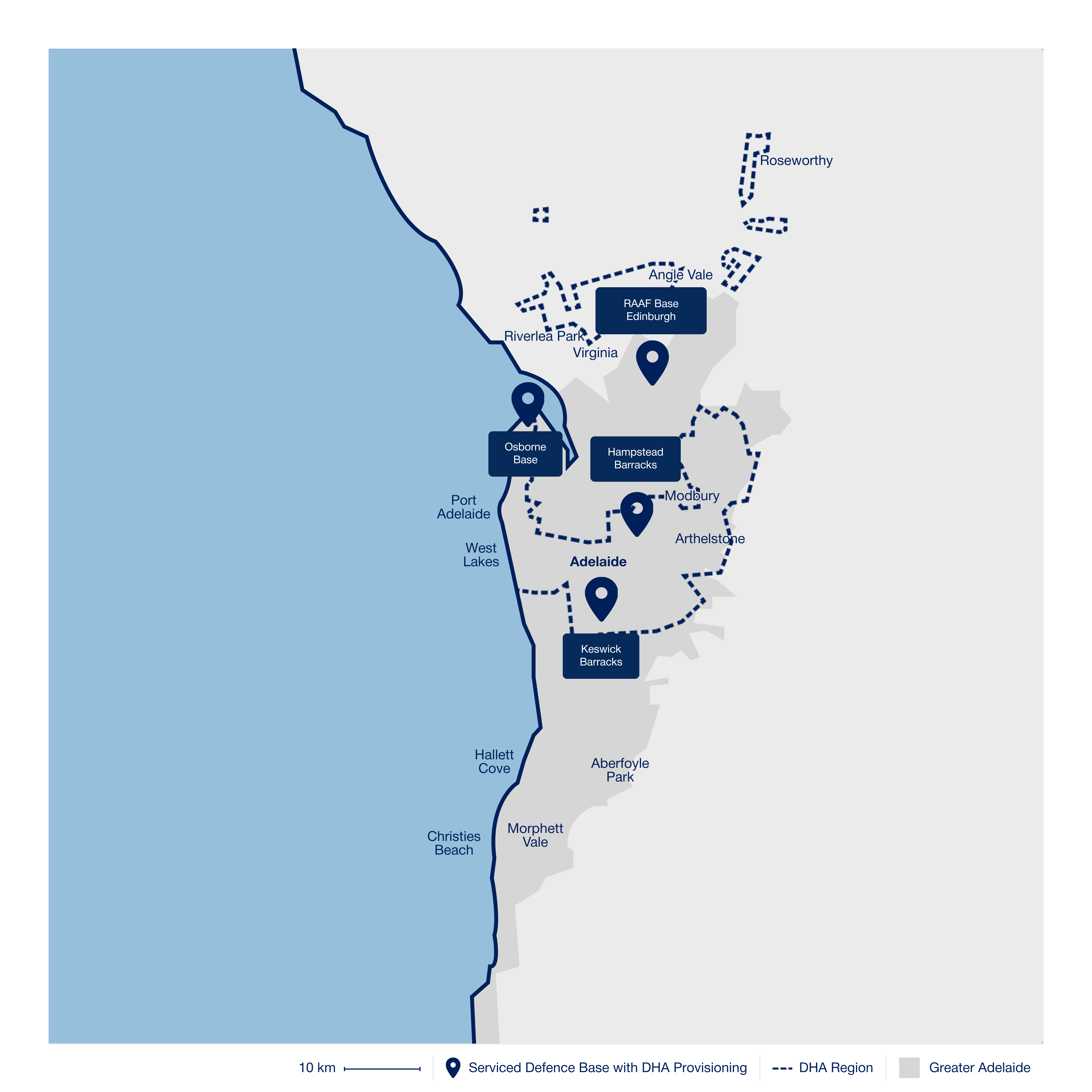 Blue and grey map showing Serviced Defence Bases in Adelaide.