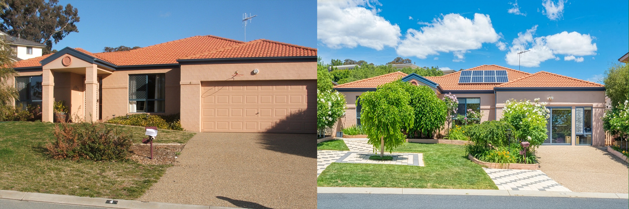 Side-by-side then and now photo of a family home