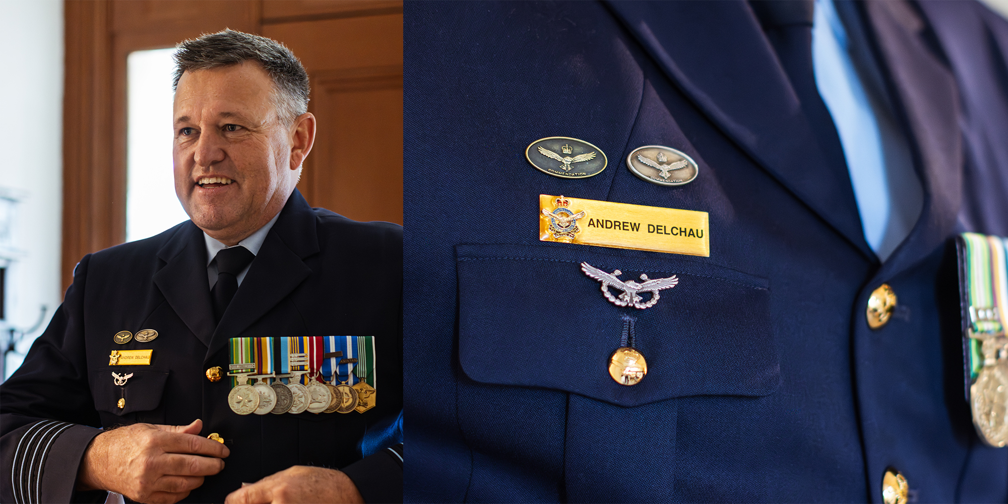 Left image: man adjusts his Air Force uniform. Right image: close-up of Andrew Delchau's name tag against the Air Force uniform