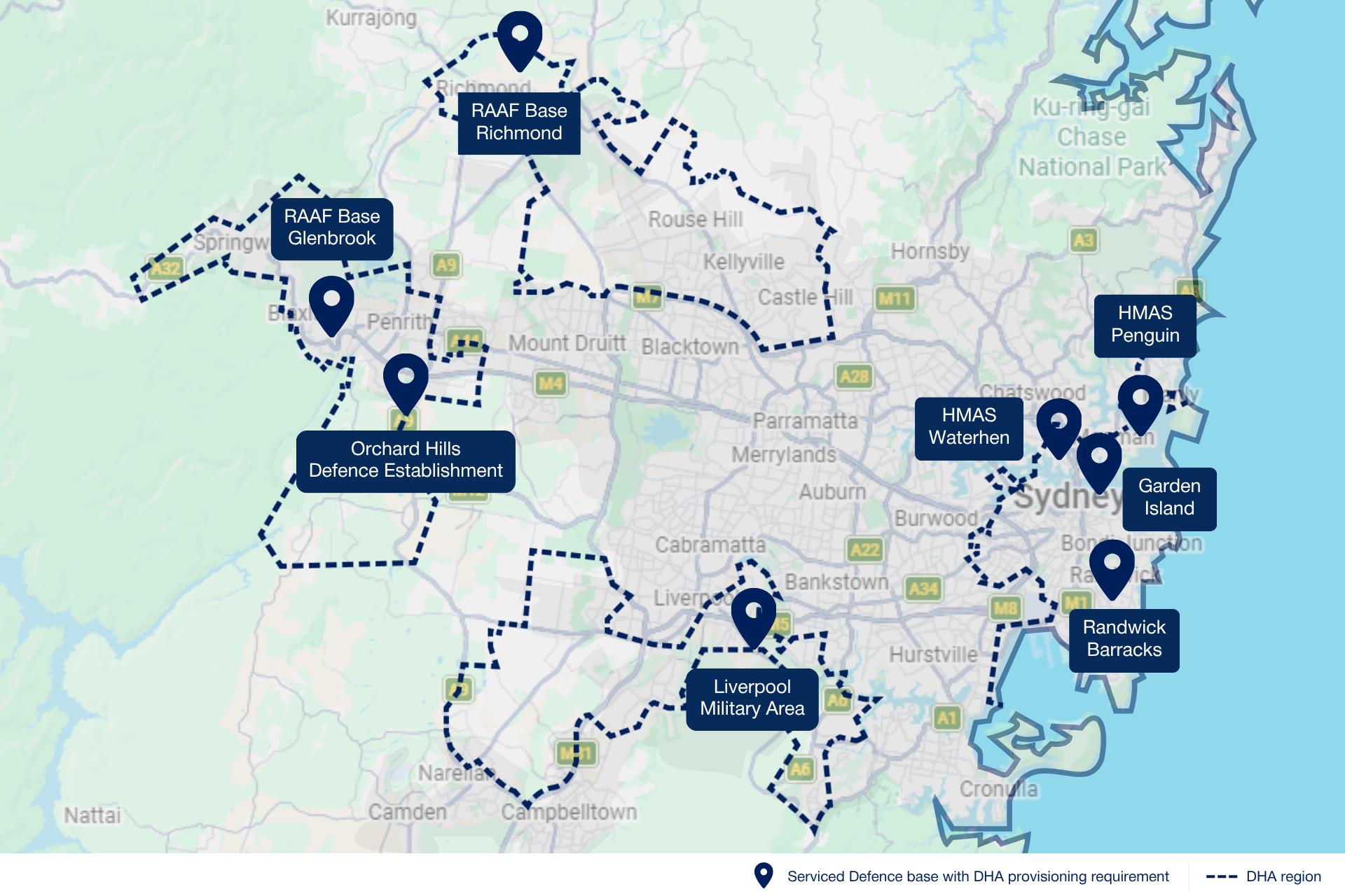 Map of Sydney showing Serviced Defence bases with DHA provisioning