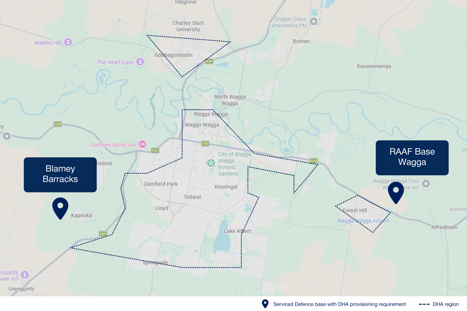 Map of Wagga Wagga showing Serviced Defence bases with DHA provisioning