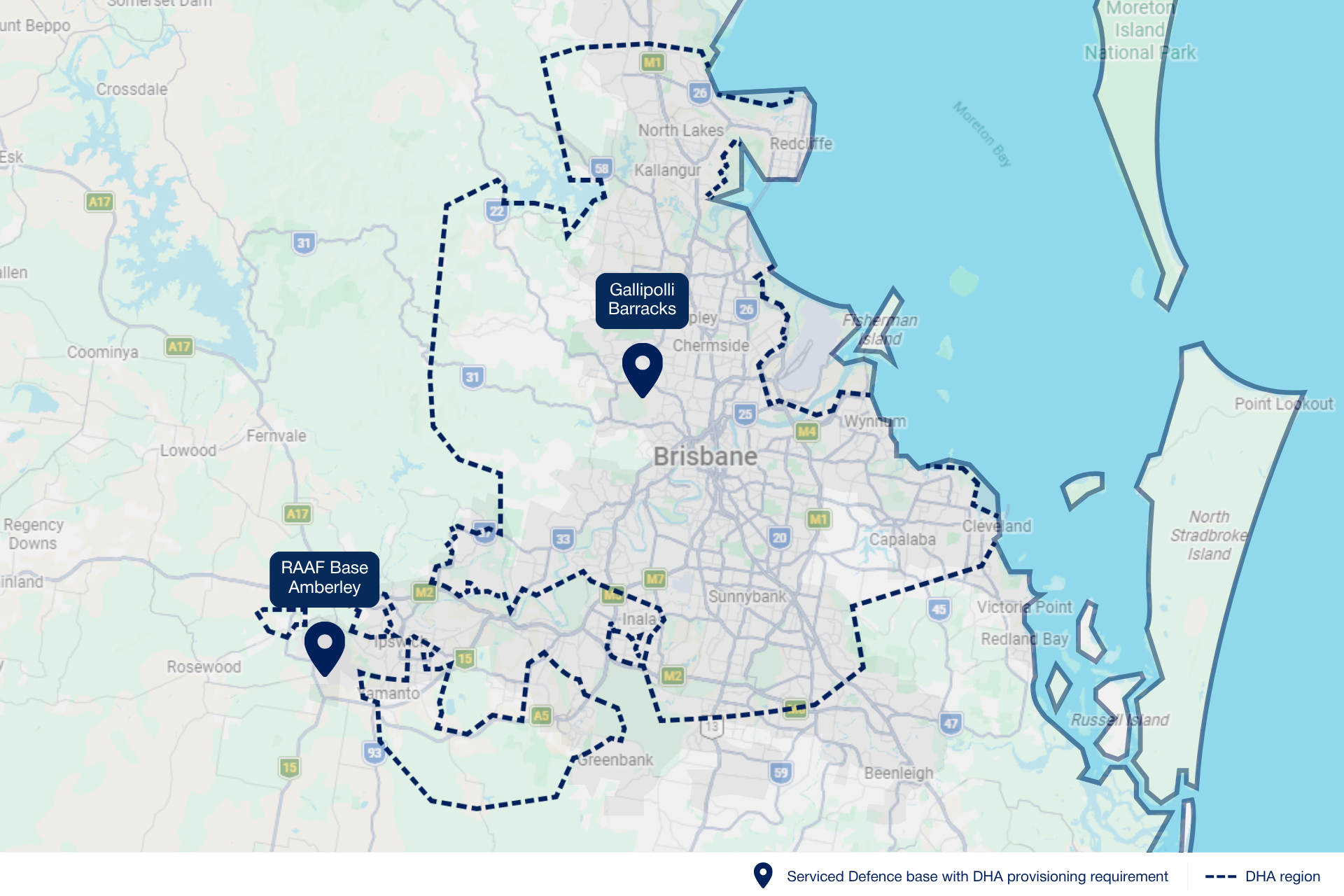 Map of Brisbane showing Serviced Defence bases with DHA provisioning