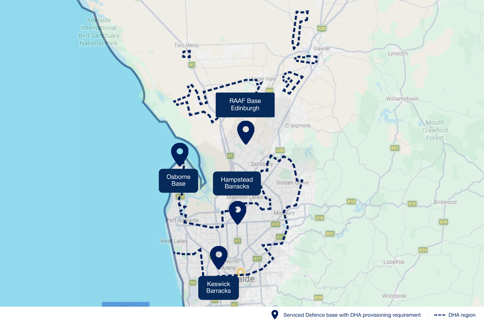 Map of Adelaide showing Serviced Defence bases with DHA provisioning