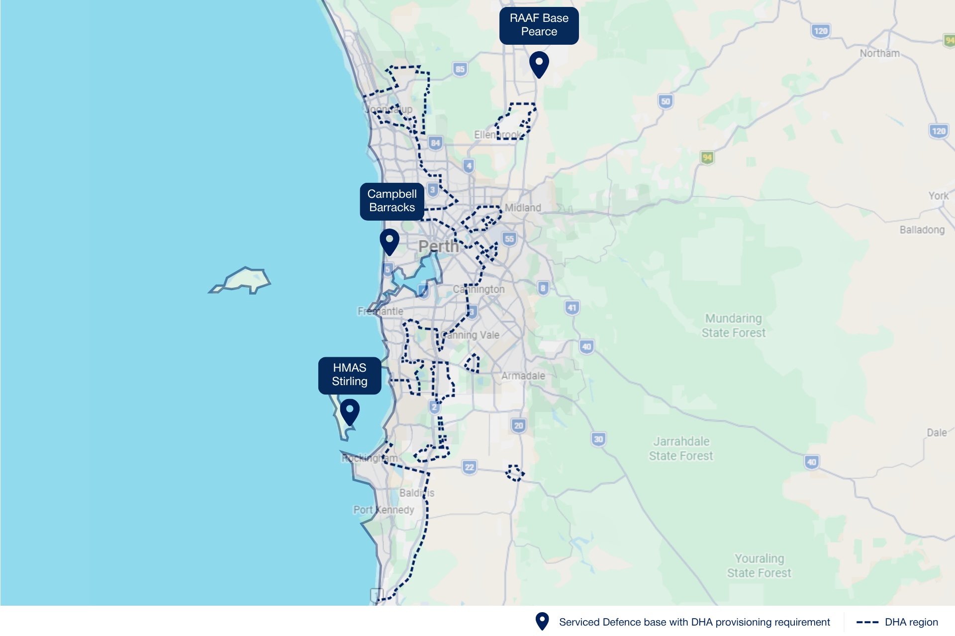 Map of Perth showing Serviced Defence bases with DHA provisioning