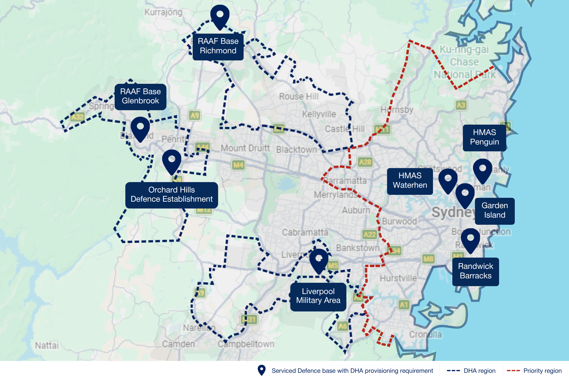 Map of Sydney showing Serviced Defence bases with DHA provisioning