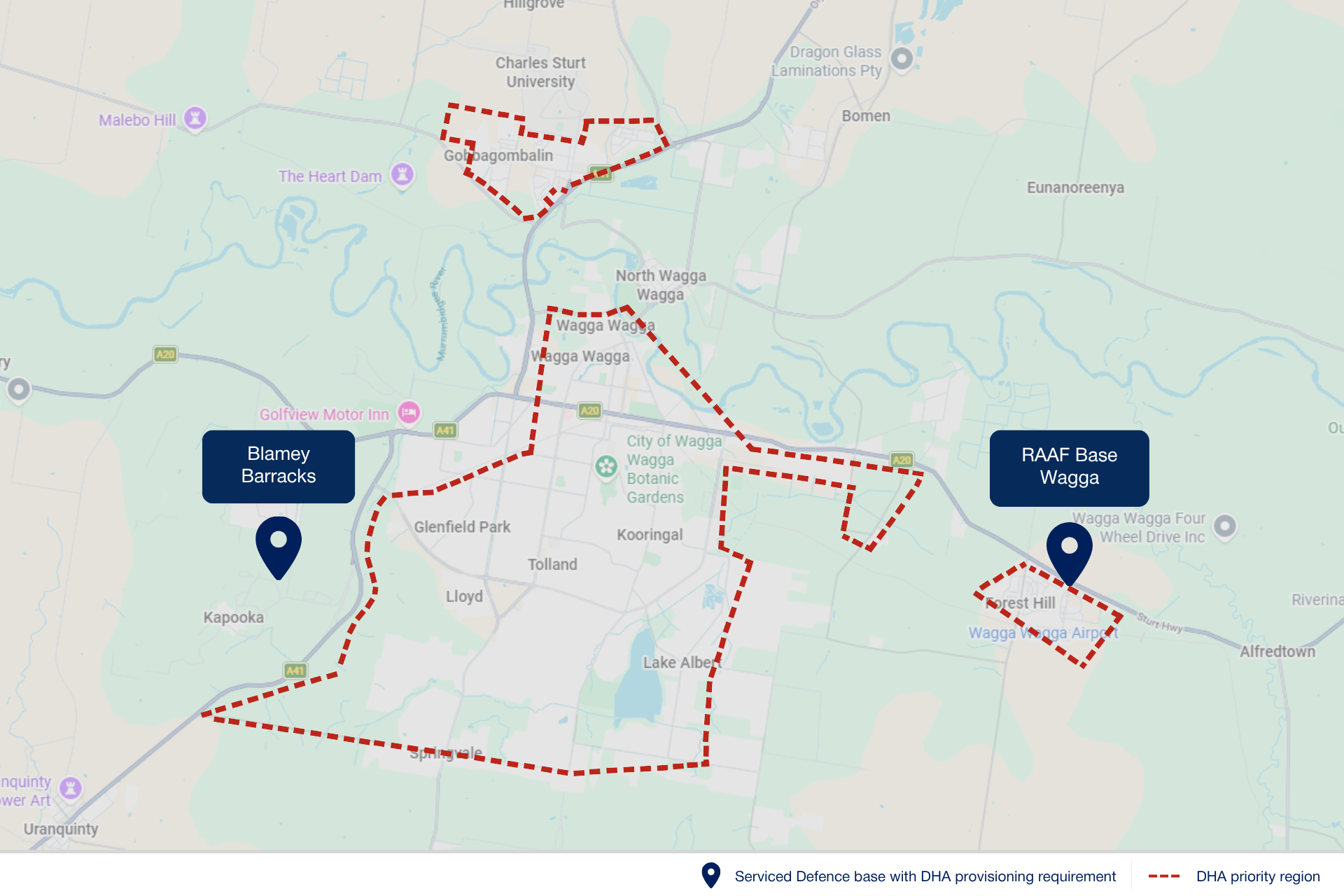 Map of Wagga Wagga showing Serviced Defence bases with DHA provisioning