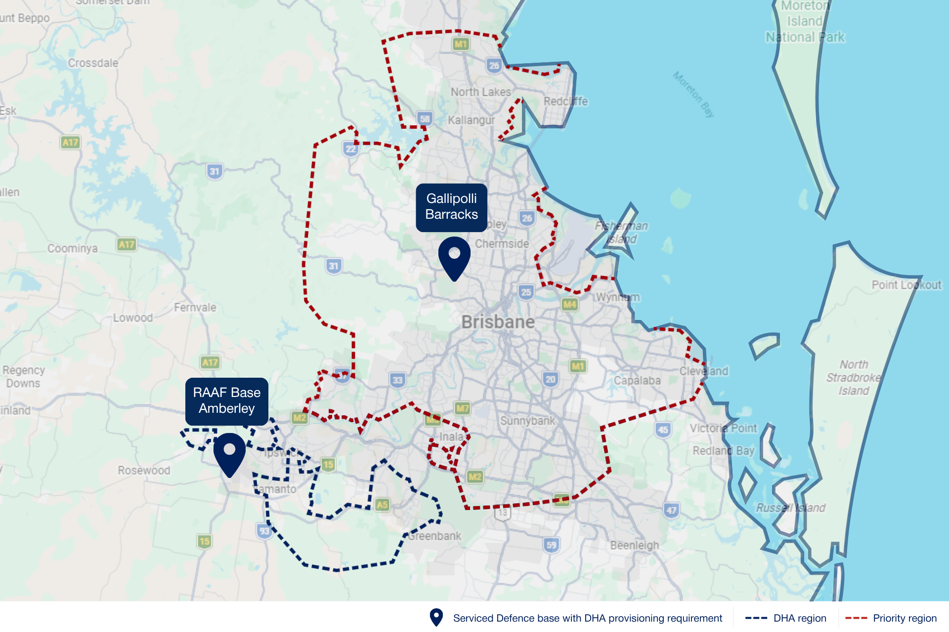 Map of Brisbane showing Serviced Defence bases with DHA provisioning
