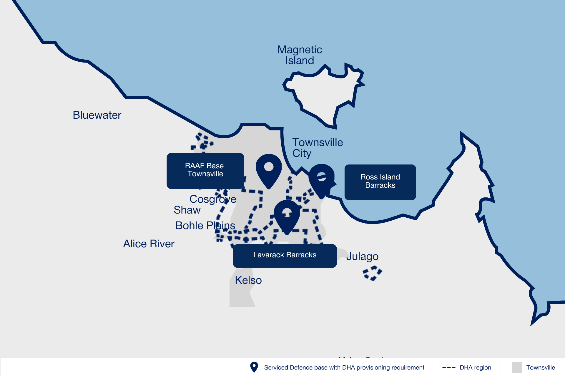 Map of Townsville showing serviced Defence bases
