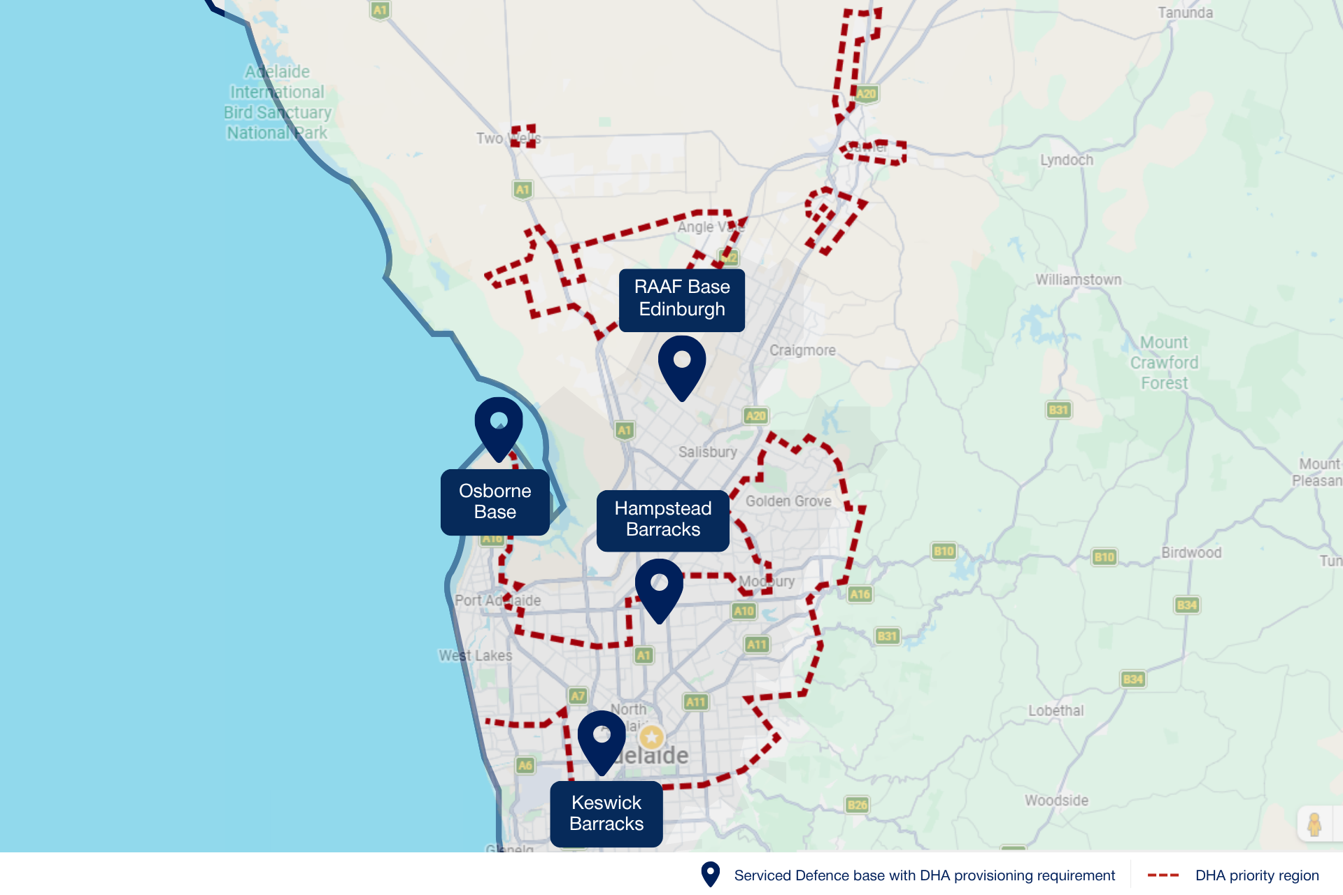 Map of Adelaide showing Serviced Defence bases with DHA provisioning