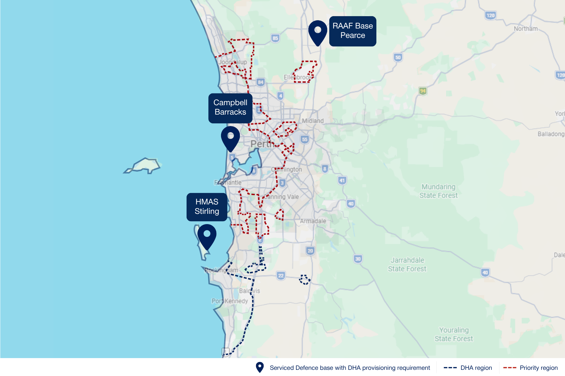 Map of Perth showing Serviced Defence bases with DHA provisioning