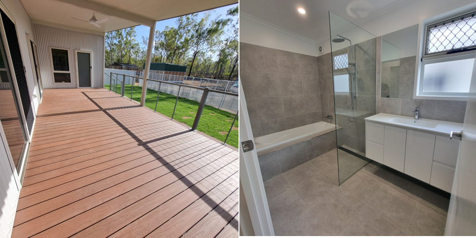 Modular home patio view and bathroom