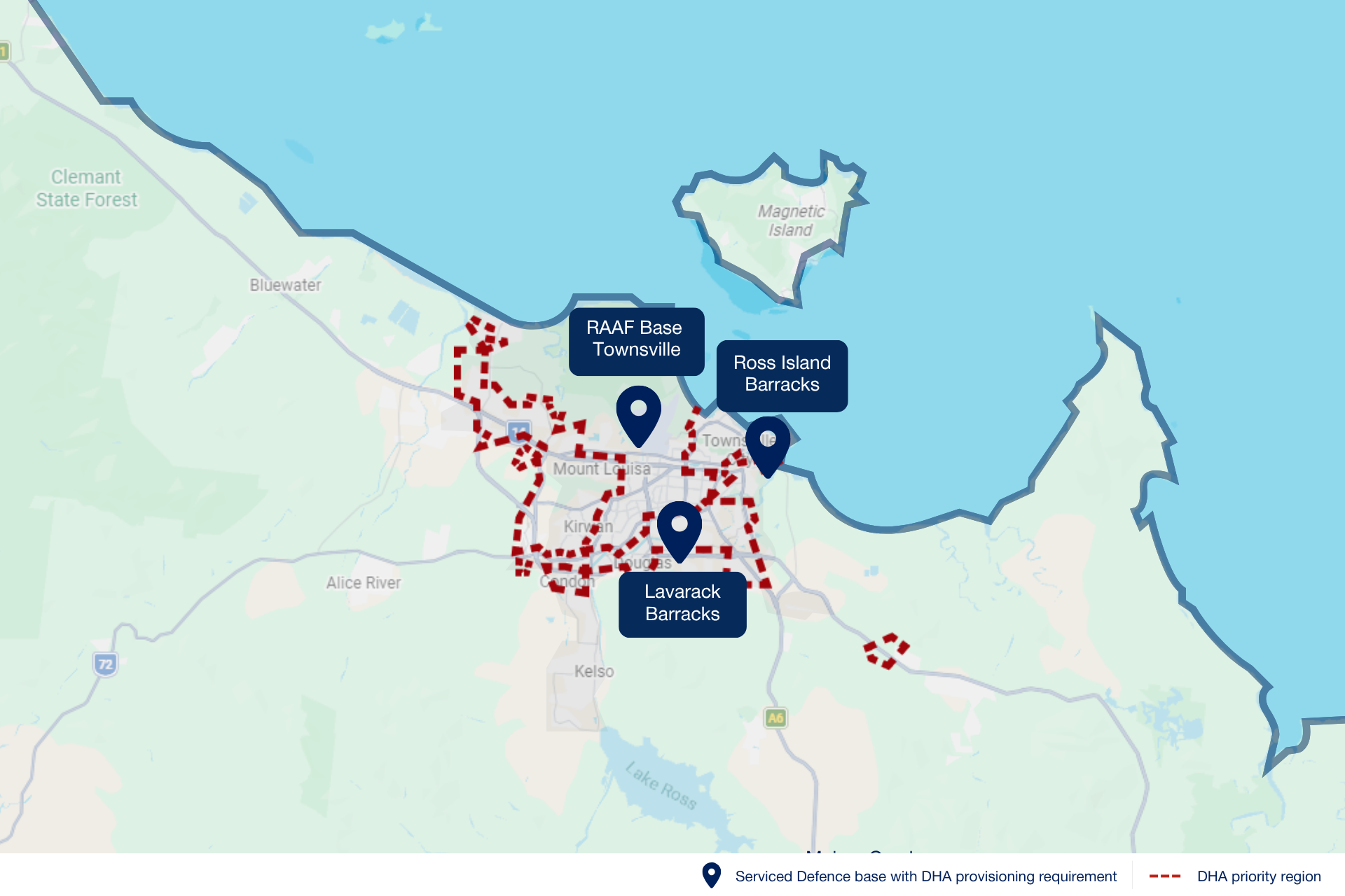 Map of Townsville showing serviced Defence bases