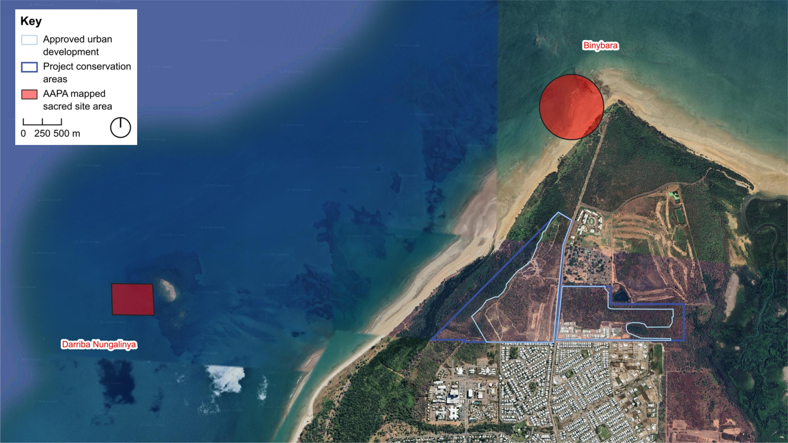 Aerial view of Lee Point, Darwin and its surrounding coastal and urban areas, shown in proximity to two sacred sites