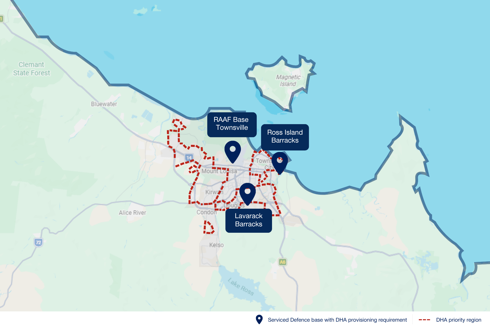 Map of Townsville showing serviced Defence bases