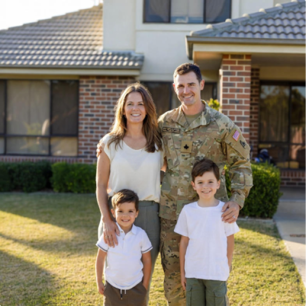 Defence member with family in front of modern brick house.