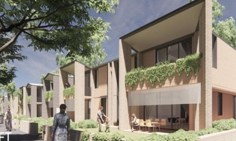 An architectural draft rendering of a modern multi-storey residential development with brick facades, green balconies and tree-lined streetscape.